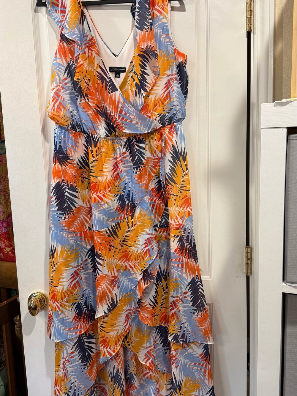 London Times Tropical Leaf Maxi Dress in Orange, Blue & Yellow